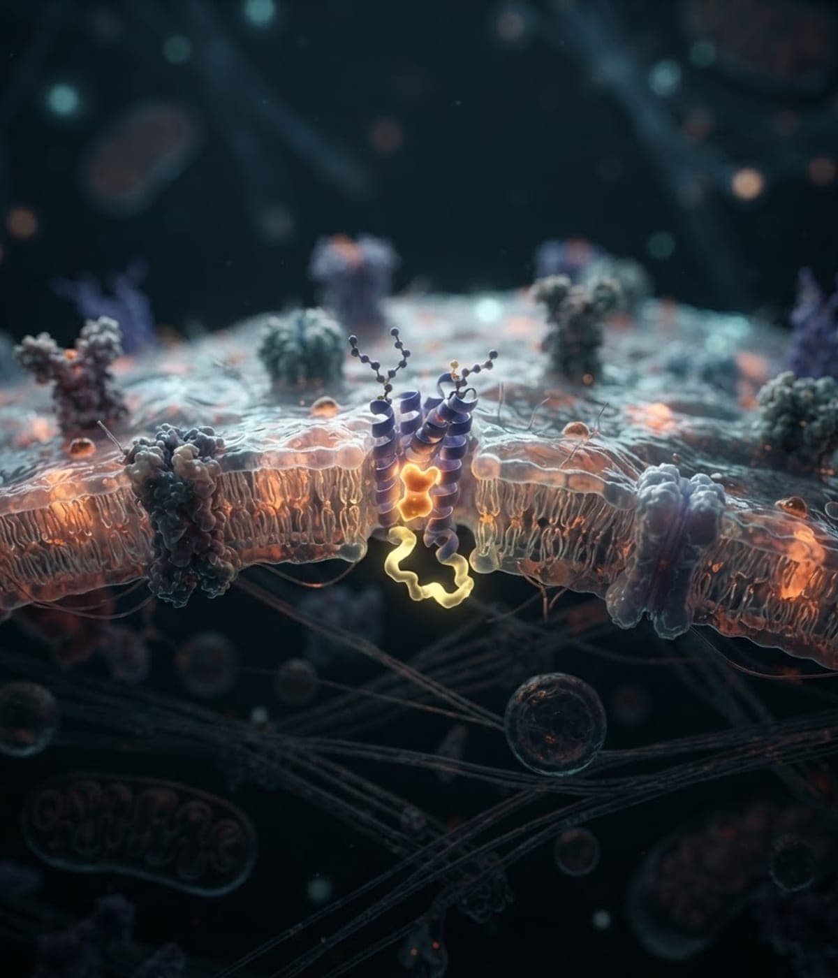 Render 3D de una molécula uniéndose a un receptor celular — mecanismo de acción