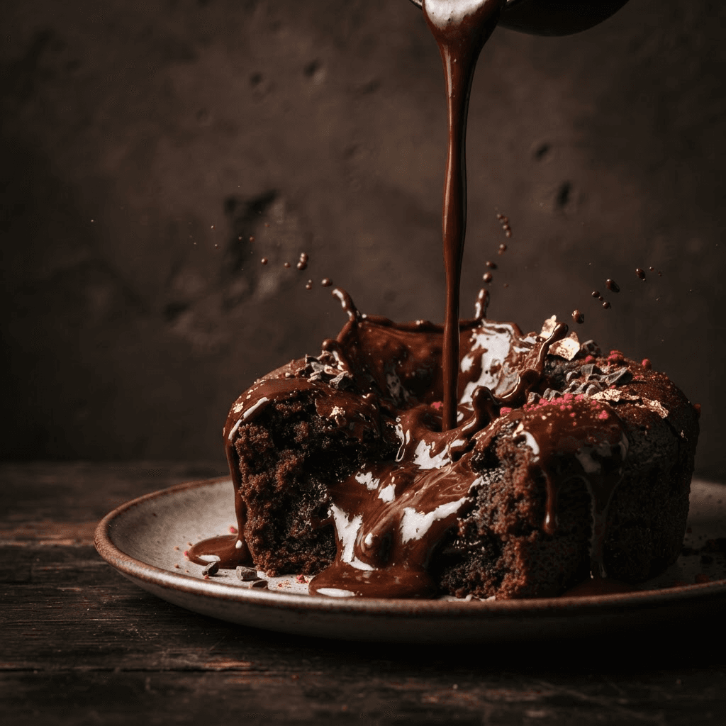 Postre de chocolate con salsa derramándose en cámara lenta, fotografía gastronómica editorial sobre fondo oscuro