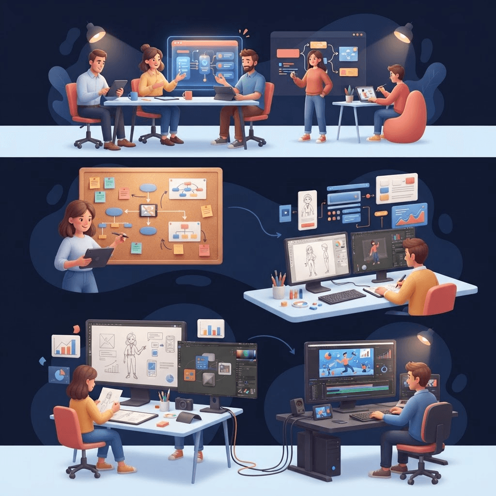 Storyboard 3D de cuatro etapas para crear un video explicativo: entender, ordenar, visualizar y animar