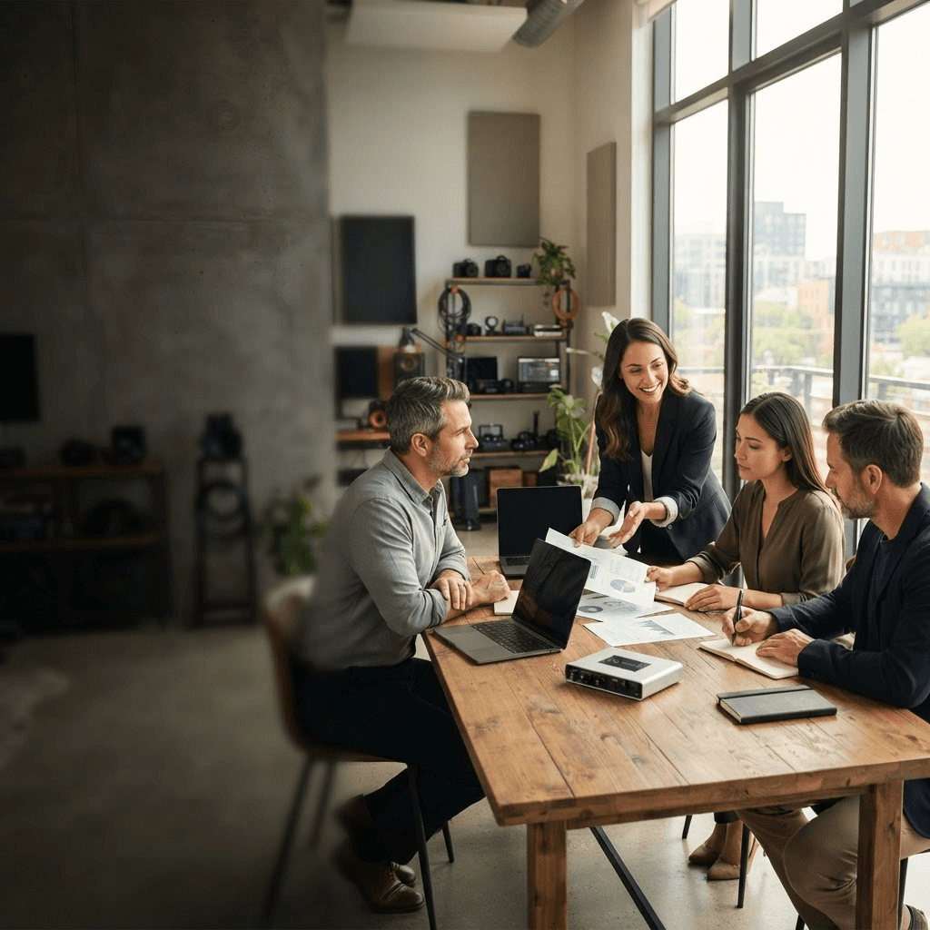 Reunión comercial donde una persona presenta una propuesta a un equipo