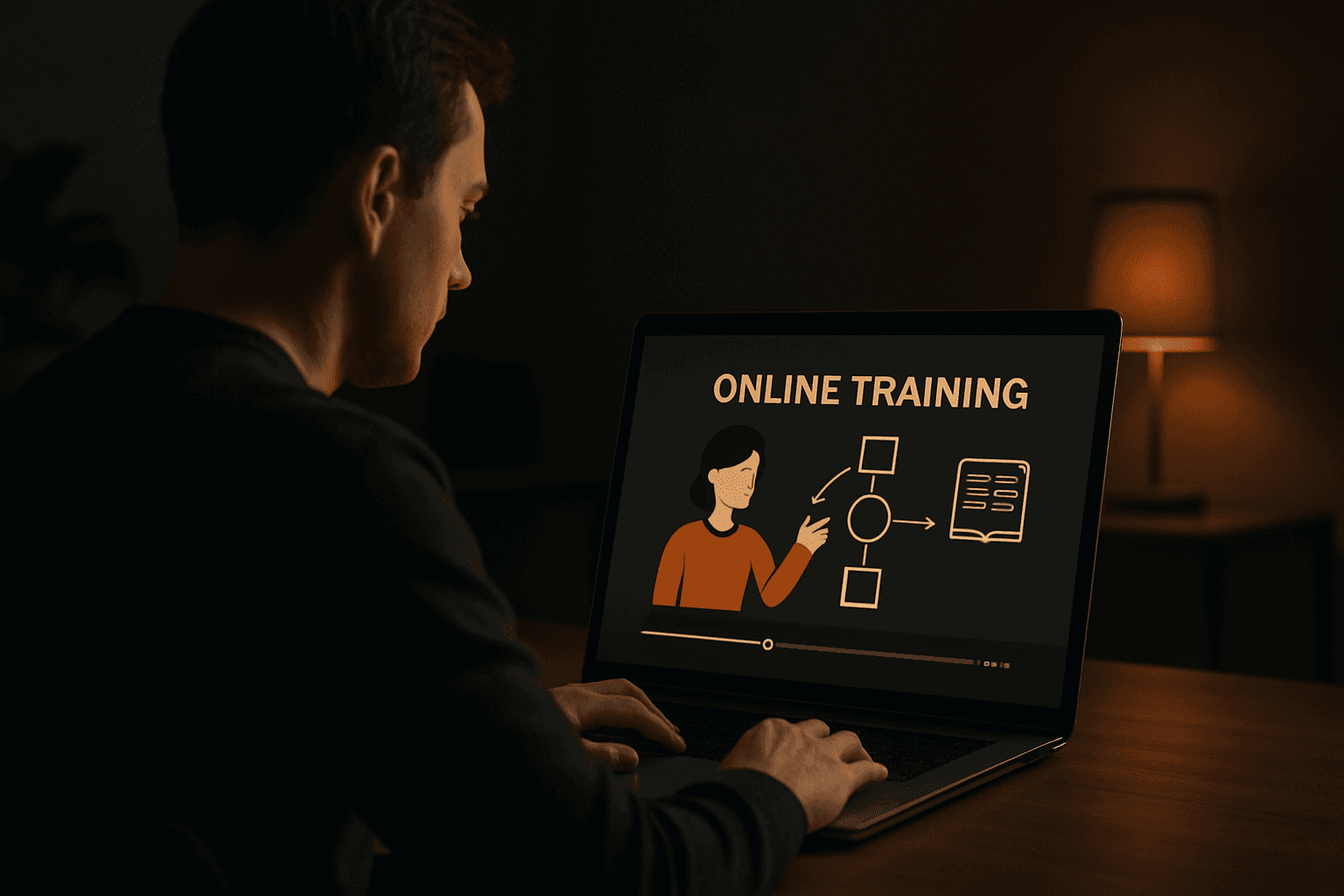 Persona capacitándose con un video de e-learning animado en una laptop, con diagramas e iconos claros en un espacio de trabajo moderno